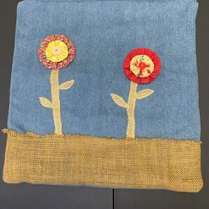 Denim Pillow Cover Handmade Applique Floral 15x16